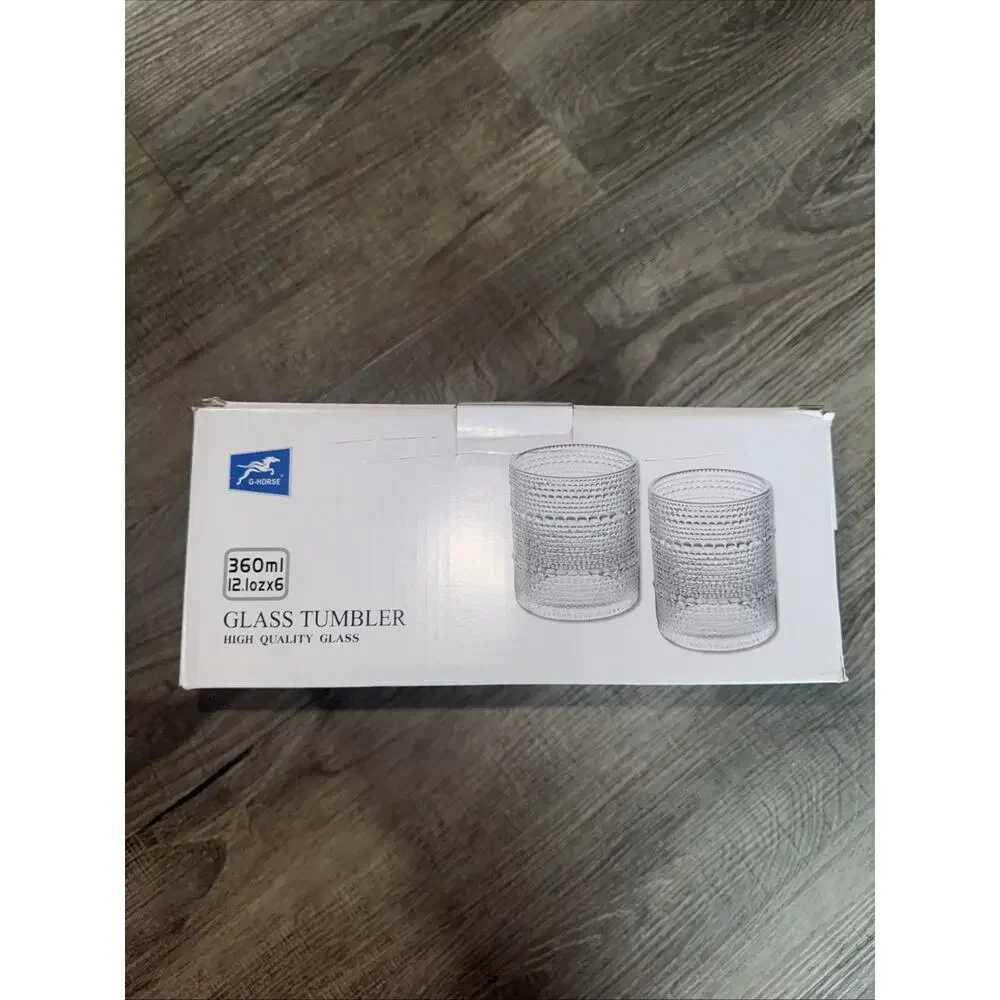 G-Horse Glass Tumblers Set of 6 Clear Textured Bubble Drinking Glasses 12.1 oz